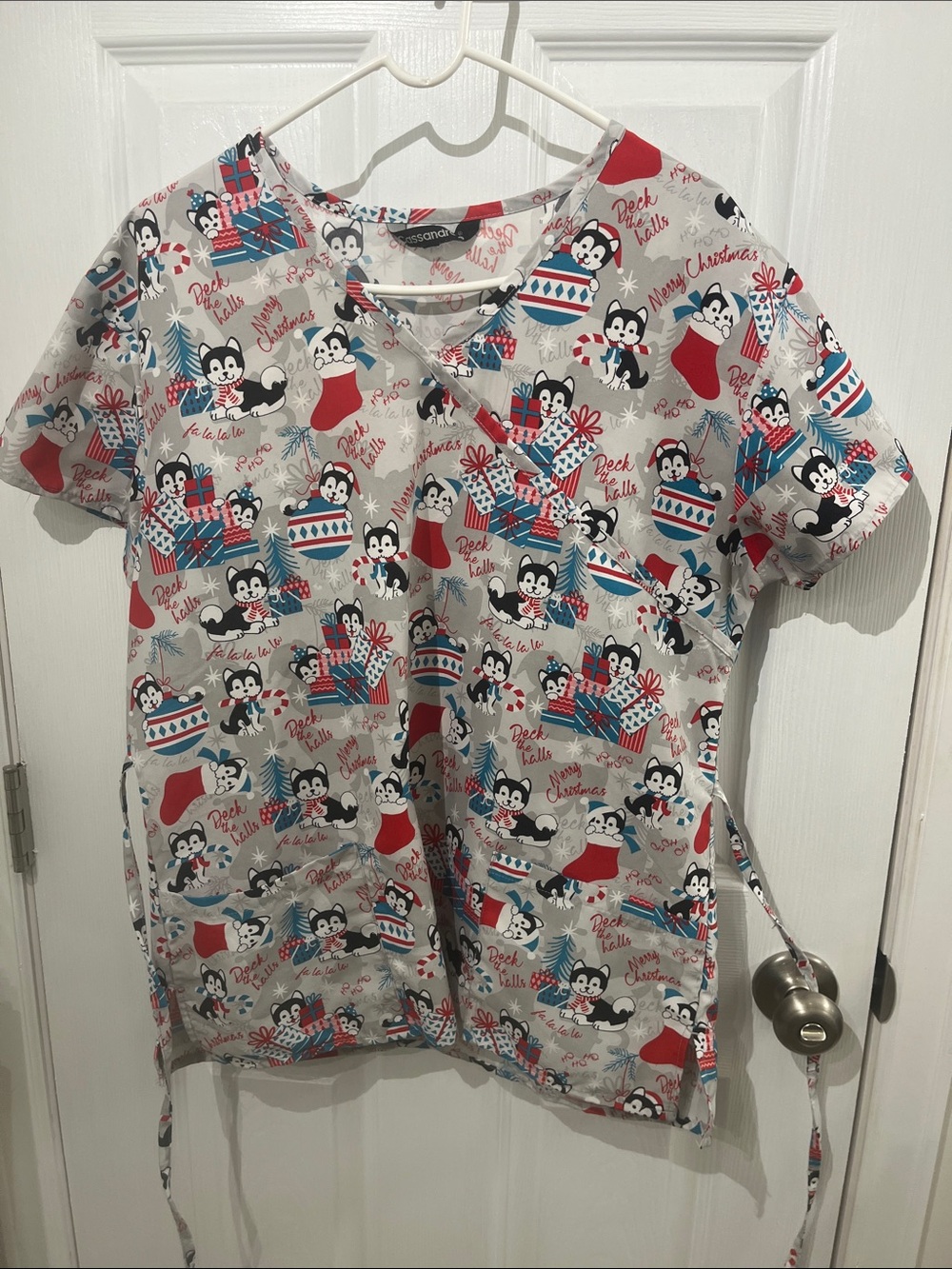 Festive Penguin Print Medical Scrub Top - Red, Blue, Black